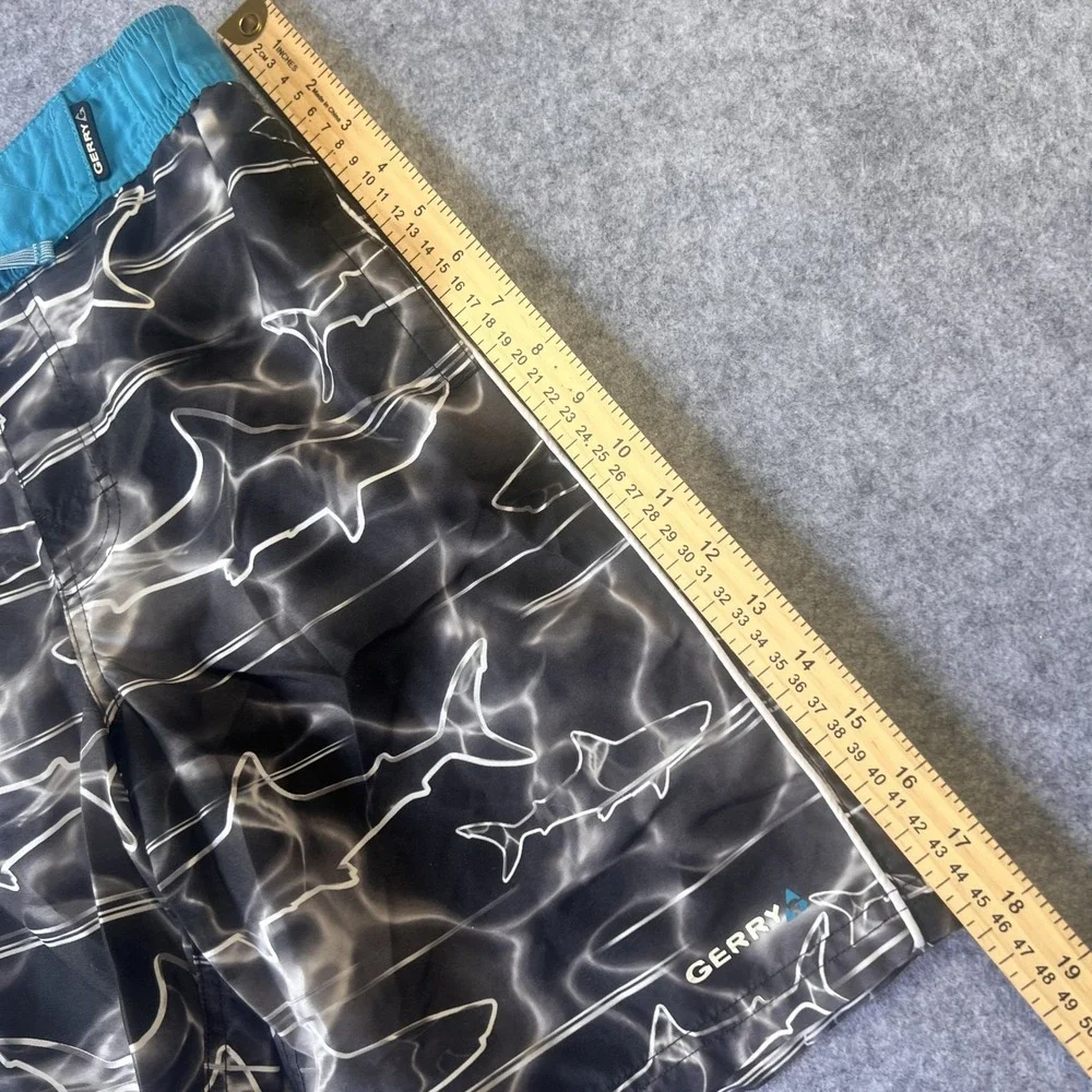 Gerry Shark Print Swim‎ Trunks L-14/16 Black Blue Polyester Board Shorts